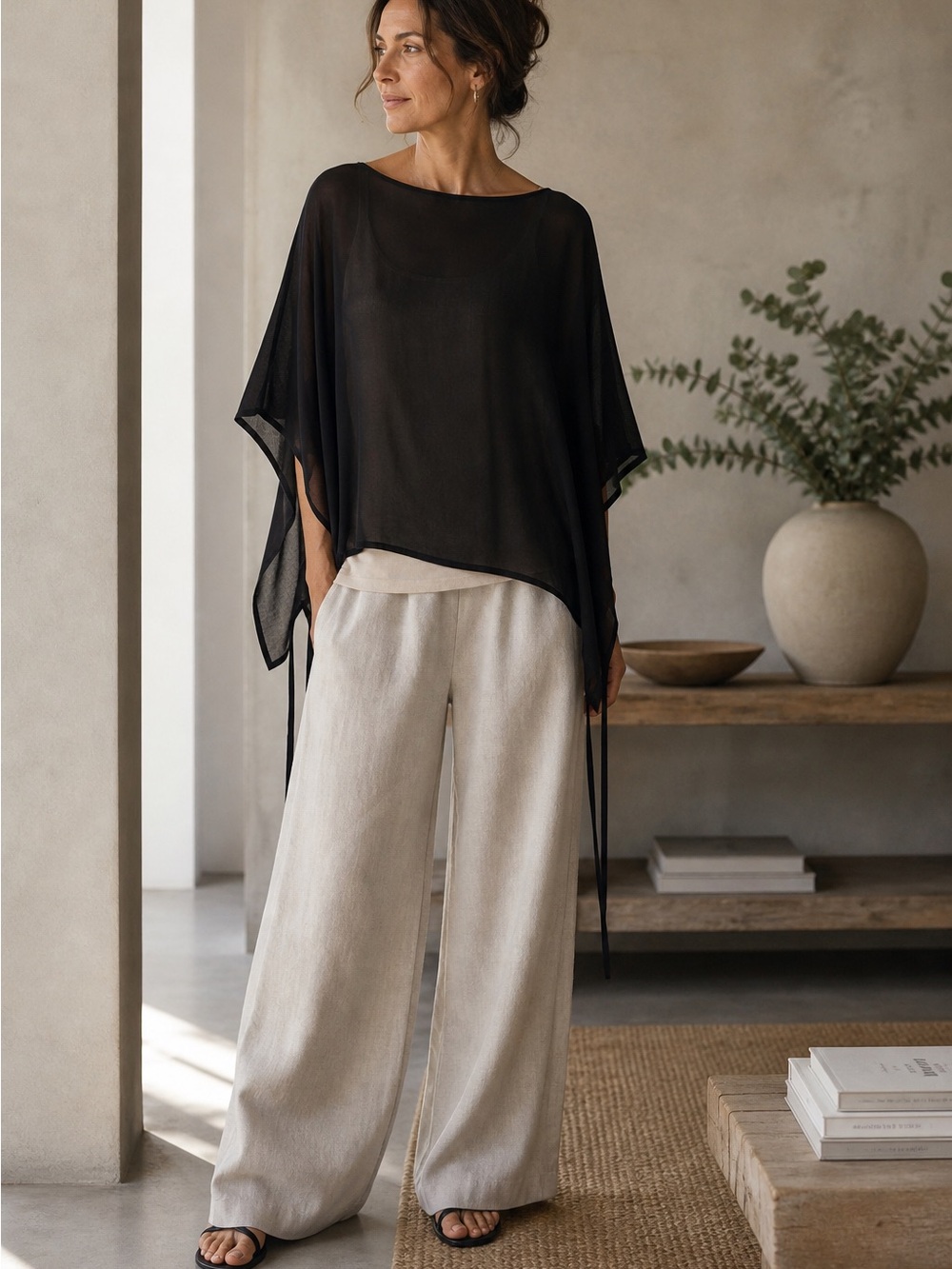 Eileen Fisher Sheer Silk Georgette Top L/XL Black Poncho Cape Blouse NWT $178